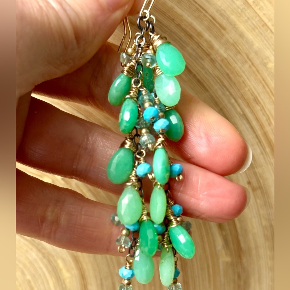 Chic Chrysoprase, Apatite and Turquoise Dangle Earrings in gold filled